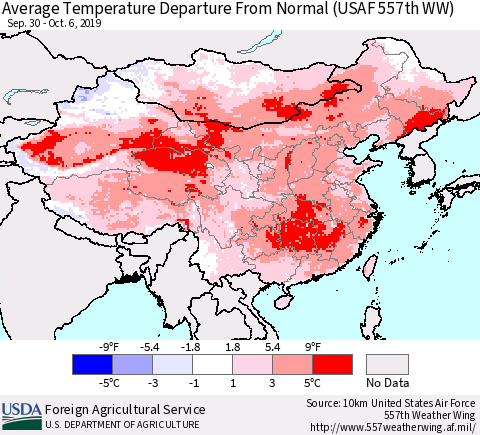 China and Taiwan Average Temperature Departure From Normal (USAF 557th WW) Thematic Map For 9/30/2019 - 10/6/2019