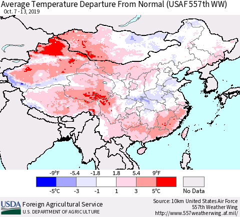 China and Taiwan Average Temperature Departure From Normal (USAF 557th WW) Thematic Map For 10/7/2019 - 10/13/2019