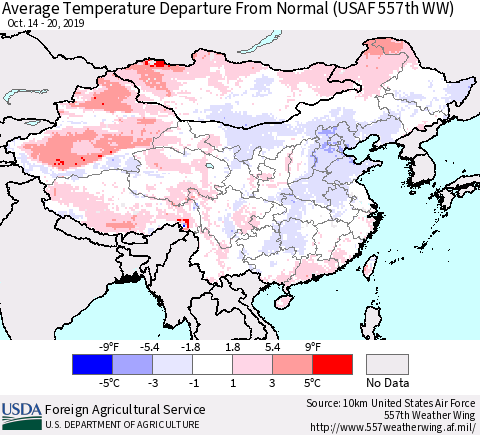 China and Taiwan Average Temperature Departure From Normal (USAF 557th WW) Thematic Map For 10/14/2019 - 10/20/2019
