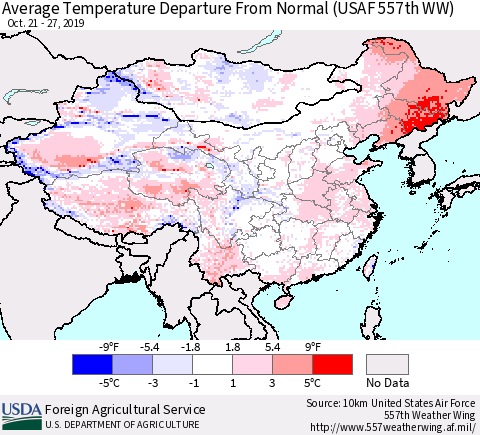 China and Taiwan Average Temperature Departure From Normal (USAF 557th WW) Thematic Map For 10/21/2019 - 10/27/2019