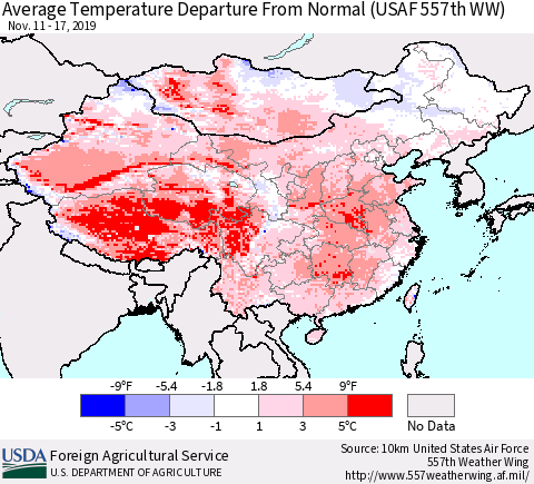 China and Taiwan Average Temperature Departure From Normal (USAF 557th WW) Thematic Map For 11/11/2019 - 11/17/2019