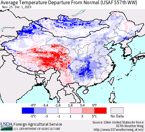 China and Taiwan Average Temperature Departure From Normal (USAF 557th WW) Thematic Map For 11/25/2019 - 12/1/2019