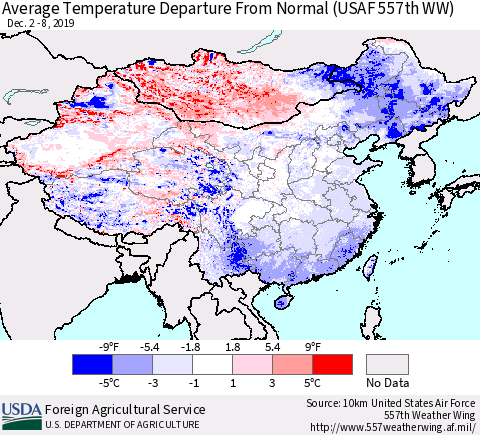 China and Taiwan Average Temperature Departure From Normal (USAF 557th WW) Thematic Map For 12/2/2019 - 12/8/2019