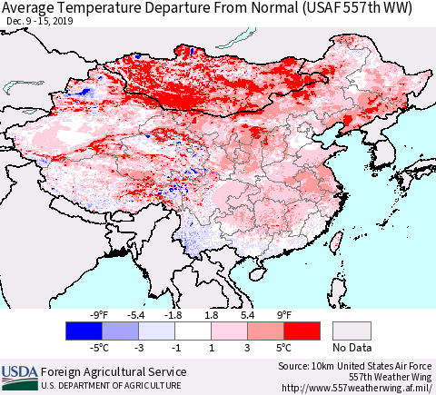 China and Taiwan Average Temperature Departure From Normal (USAF 557th WW) Thematic Map For 12/9/2019 - 12/15/2019