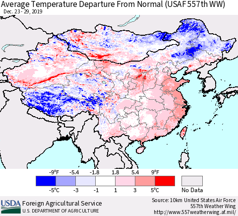 China and Taiwan Average Temperature Departure From Normal (USAF 557th WW) Thematic Map For 12/23/2019 - 12/29/2019