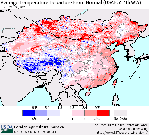 China and Taiwan Average Temperature Departure From Normal (USAF 557th WW) Thematic Map For 1/20/2020 - 1/26/2020