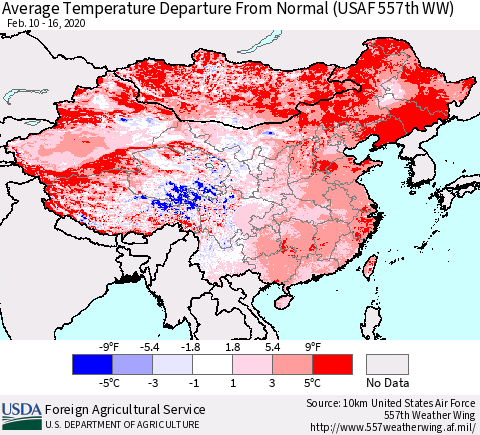 China and Taiwan Average Temperature Departure From Normal (USAF 557th WW) Thematic Map For 2/10/2020 - 2/16/2020