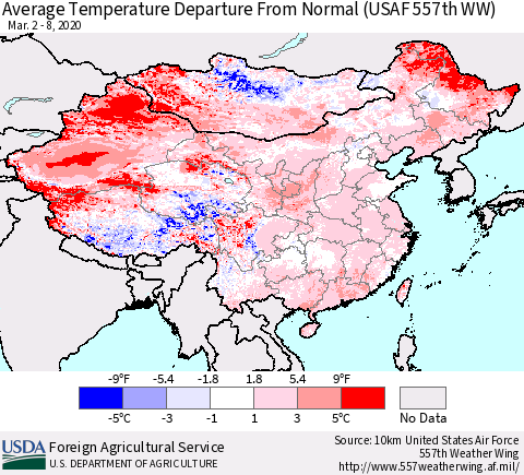 China, Mongolia and Taiwan Average Temperature Departure from Normal (USAF 557th WW) Thematic Map For 3/2/2020 - 3/8/2020