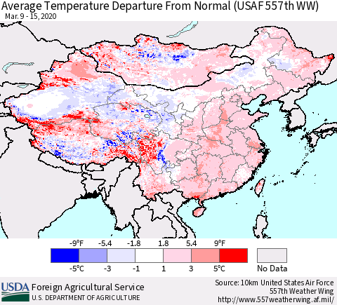 China, Mongolia and Taiwan Average Temperature Departure from Normal (USAF 557th WW) Thematic Map For 3/9/2020 - 3/15/2020