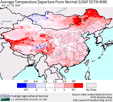 China and Taiwan Average Temperature Departure From Normal (USAF 557th WW) Thematic Map For 3/23/2020 - 3/29/2020
