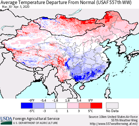 China and Taiwan Average Temperature Departure From Normal (USAF 557th WW) Thematic Map For 3/30/2020 - 4/5/2020