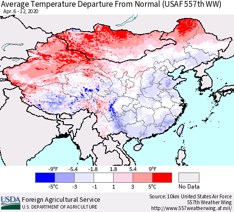 China and Taiwan Average Temperature Departure From Normal (USAF 557th WW) Thematic Map For 4/6/2020 - 4/12/2020