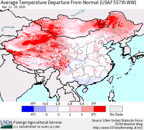China and Taiwan Average Temperature Departure From Normal (USAF 557th WW) Thematic Map For 4/13/2020 - 4/19/2020