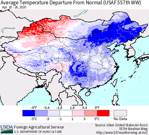 China and Taiwan Average Temperature Departure From Normal (USAF 557th WW) Thematic Map For 4/20/2020 - 4/26/2020
