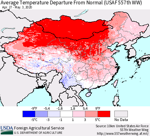 China and Taiwan Average Temperature Departure From Normal (USAF 557th WW) Thematic Map For 4/27/2020 - 5/3/2020