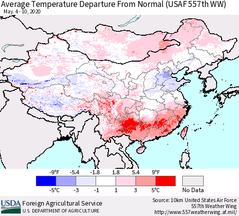 China, Mongolia and Taiwan Average Temperature Departure from Normal (USAF 557th WW) Thematic Map For 5/4/2020 - 5/10/2020