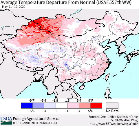 China and Taiwan Average Temperature Departure From Normal (USAF 557th WW) Thematic Map For 5/11/2020 - 5/17/2020
