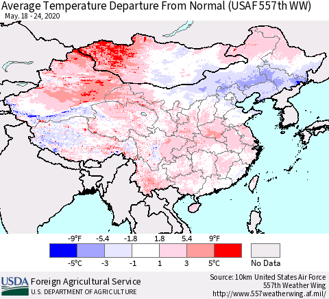 China and Taiwan Average Temperature Departure From Normal (USAF 557th WW) Thematic Map For 5/18/2020 - 5/24/2020