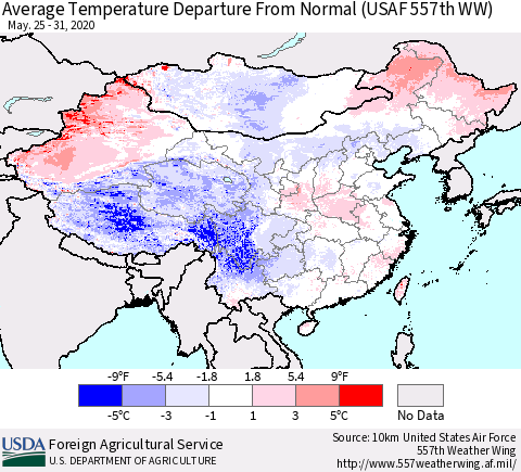China and Taiwan Average Temperature Departure From Normal (USAF 557th WW) Thematic Map For 5/25/2020 - 5/31/2020