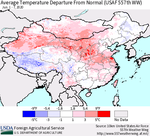 China and Taiwan Average Temperature Departure From Normal (USAF 557th WW) Thematic Map For 6/1/2020 - 6/7/2020