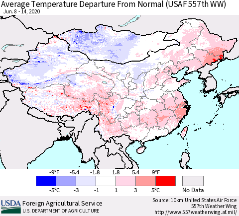 China, Mongolia and Taiwan Average Temperature Departure from Normal (USAF 557th WW) Thematic Map For 6/8/2020 - 6/14/2020