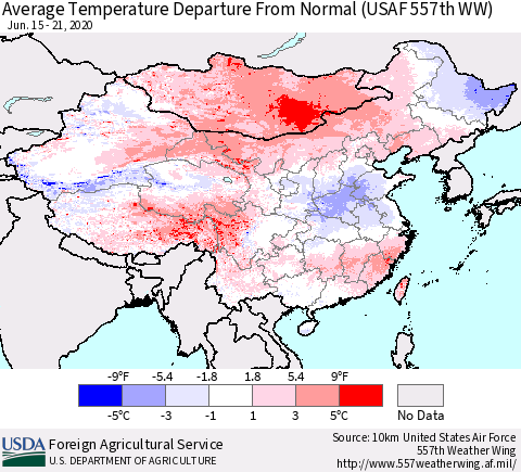 China and Taiwan Average Temperature Departure From Normal (USAF 557th WW) Thematic Map For 6/15/2020 - 6/21/2020