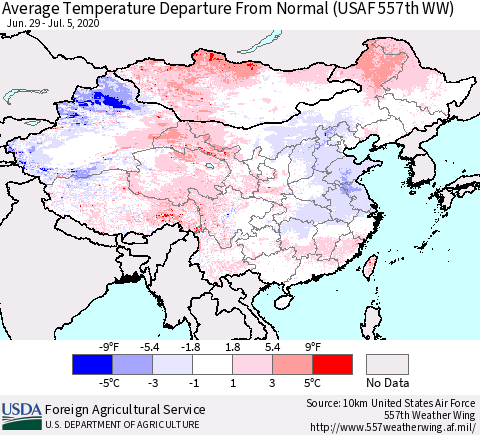China and Taiwan Average Temperature Departure From Normal (USAF 557th WW) Thematic Map For 6/29/2020 - 7/5/2020