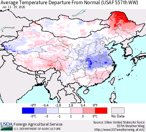 China and Taiwan Average Temperature Departure From Normal (USAF 557th WW) Thematic Map For 7/13/2020 - 7/19/2020