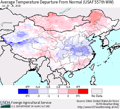 China and Taiwan Average Temperature Departure From Normal (USAF 557th WW) Thematic Map For 7/20/2020 - 7/26/2020