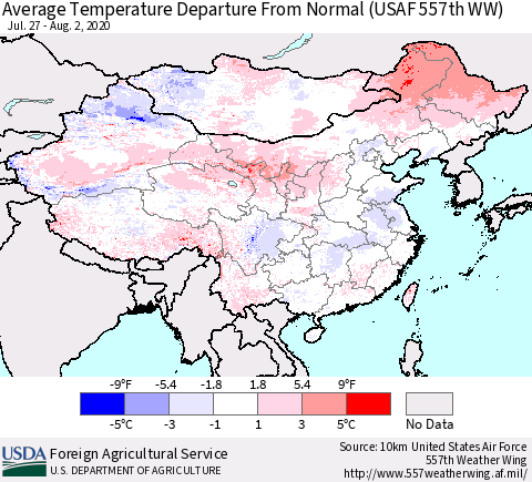 China, Mongolia and Taiwan Average Temperature Departure from Normal (USAF 557th WW) Thematic Map For 7/27/2020 - 8/2/2020