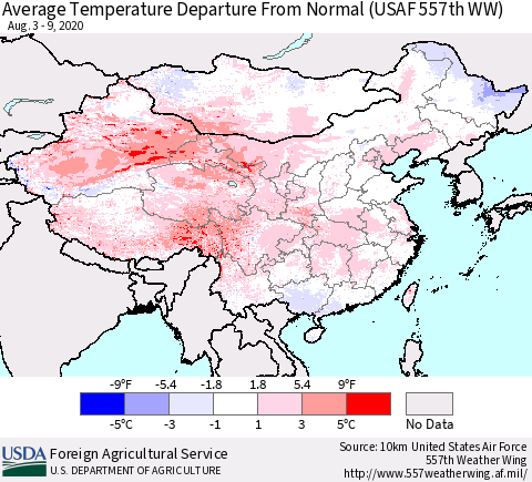 China and Taiwan Average Temperature Departure From Normal (USAF 557th WW) Thematic Map For 8/3/2020 - 8/9/2020