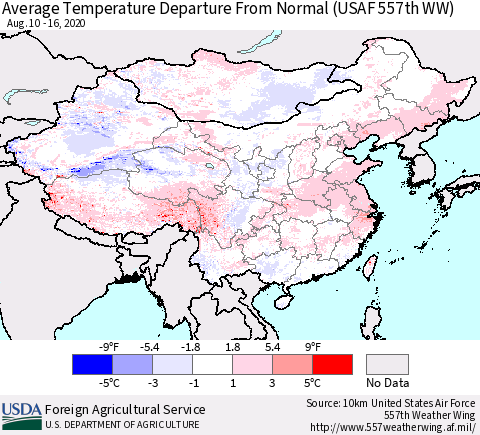 China and Taiwan Average Temperature Departure From Normal (USAF 557th WW) Thematic Map For 8/10/2020 - 8/16/2020