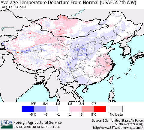 China, Mongolia and Taiwan Average Temperature Departure from Normal (USAF 557th WW) Thematic Map For 8/17/2020 - 8/23/2020