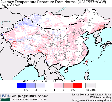 China and Taiwan Average Temperature Departure From Normal (USAF 557th WW) Thematic Map For 8/24/2020 - 8/30/2020