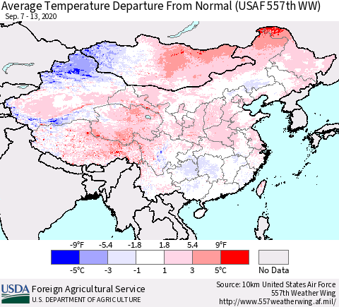 China, Mongolia and Taiwan Average Temperature Departure from Normal (USAF 557th WW) Thematic Map For 9/7/2020 - 9/13/2020