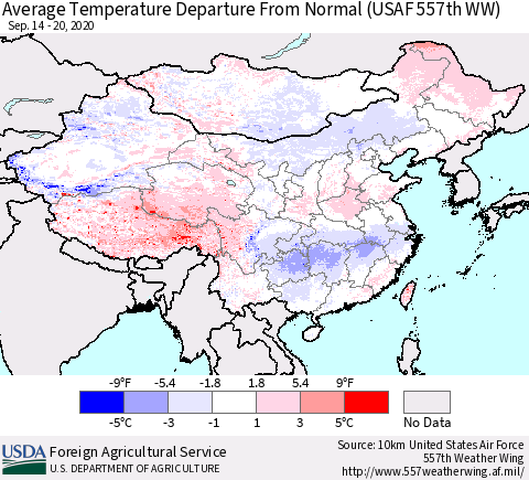 China and Taiwan Average Temperature Departure From Normal (USAF 557th WW) Thematic Map For 9/14/2020 - 9/20/2020