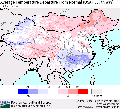 China, Mongolia and Taiwan Average Temperature Departure from Normal (USAF 557th WW) Thematic Map For 9/21/2020 - 9/27/2020