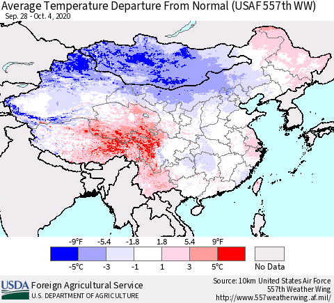China and Taiwan Average Temperature Departure From Normal (USAF 557th WW) Thematic Map For 9/28/2020 - 10/4/2020