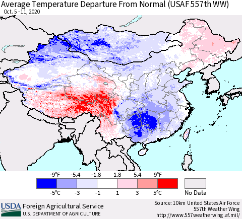 China and Taiwan Average Temperature Departure From Normal (USAF 557th WW) Thematic Map For 10/5/2020 - 10/11/2020