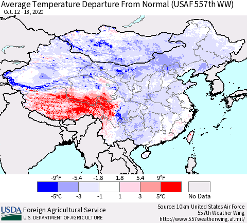 China, Mongolia and Taiwan Average Temperature Departure from Normal (USAF 557th WW) Thematic Map For 10/12/2020 - 10/18/2020