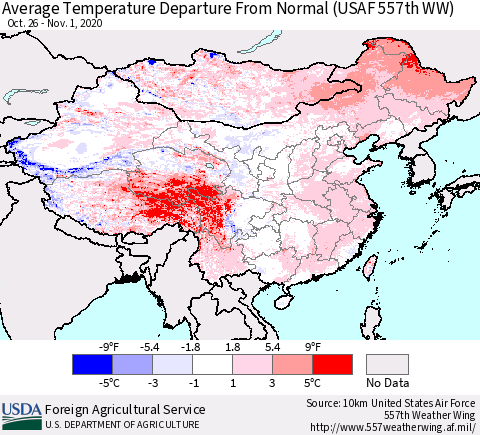 China and Taiwan Average Temperature Departure From Normal (USAF 557th WW) Thematic Map For 10/26/2020 - 11/1/2020