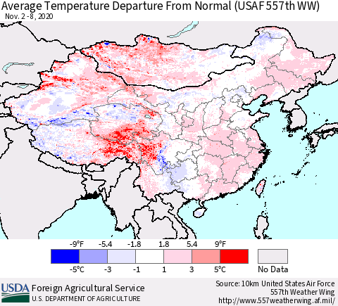 China, Mongolia and Taiwan Average Temperature Departure from Normal (USAF 557th WW) Thematic Map For 11/2/2020 - 11/8/2020