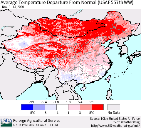 China, Mongolia and Taiwan Average Temperature Departure from Normal (USAF 557th WW) Thematic Map For 11/9/2020 - 11/15/2020