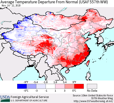China, Mongolia and Taiwan Average Temperature Departure from Normal (USAF 557th WW) Thematic Map For 11/16/2020 - 11/22/2020