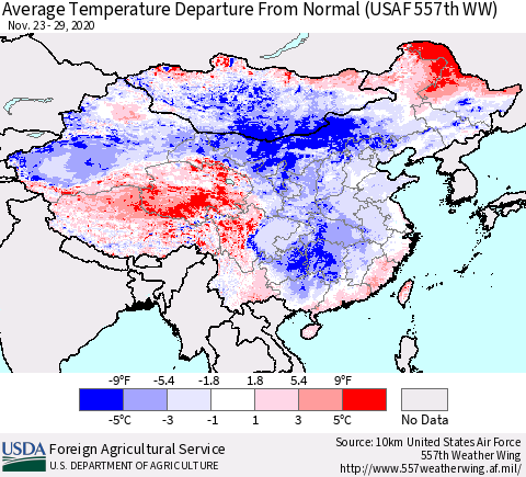 China, Mongolia and Taiwan Average Temperature Departure from Normal (USAF 557th WW) Thematic Map For 11/23/2020 - 11/29/2020