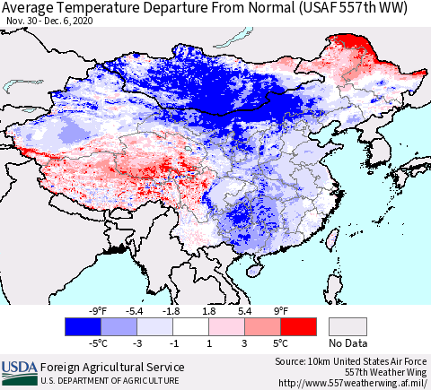 China, Mongolia and Taiwan Average Temperature Departure from Normal (USAF 557th WW) Thematic Map For 11/30/2020 - 12/6/2020
