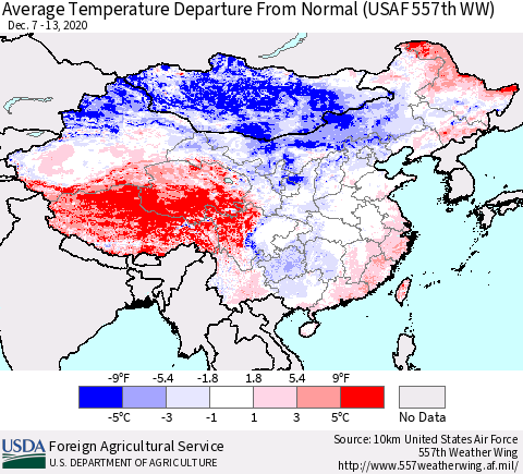China, Mongolia and Taiwan Average Temperature Departure from Normal (USAF 557th WW) Thematic Map For 12/7/2020 - 12/13/2020
