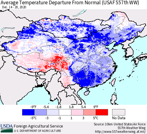 China, Mongolia and Taiwan Average Temperature Departure from Normal (USAF 557th WW) Thematic Map For 12/14/2020 - 12/20/2020