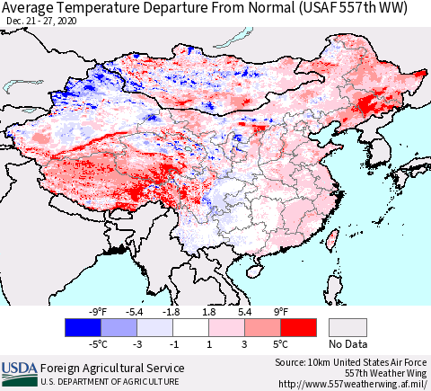 China, Mongolia and Taiwan Average Temperature Departure from Normal (USAF 557th WW) Thematic Map For 12/21/2020 - 12/27/2020
