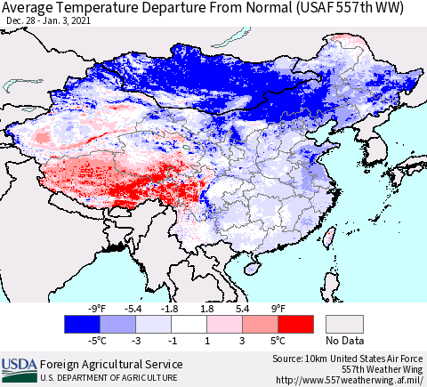 China, Mongolia and Taiwan Average Temperature Departure from Normal (USAF 557th WW) Thematic Map For 12/28/2020 - 1/3/2021